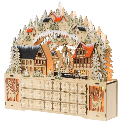 HOMCOM Adventskalender, kerstdorp, 18 LEDs, 24 lades, herbruikbaar, 45 x 9 x 42,5 cm
