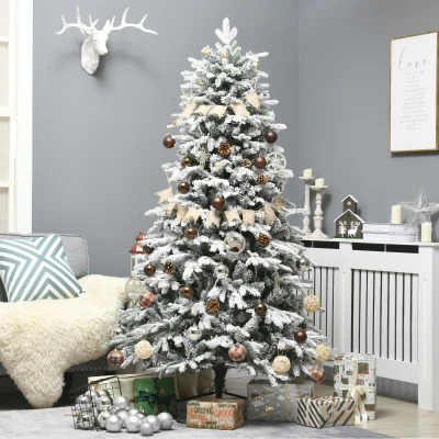 HOMCOM Kunstmatige Kerstboom, Kerstboom, Incl. Kunstmatige Sneeuw, LED-Lichten, 180 cm, Groen + Wit