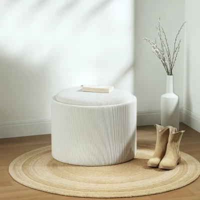 HOMCOM Opbergkruk met Ruimte, Rond, Voetensteun, Corduroy, MDF, Crèmewit