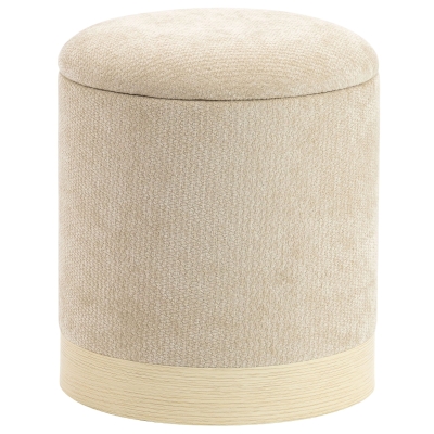 HOMCOM Pouf Coffre Rangement Rond Chenille Beige Métal Bois