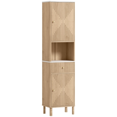 HOMCOM Armoire salle de bain haute meuble de rangement colonne avec tiroir coulissant silencieux 2 placards 41,5x30x168cm chêne