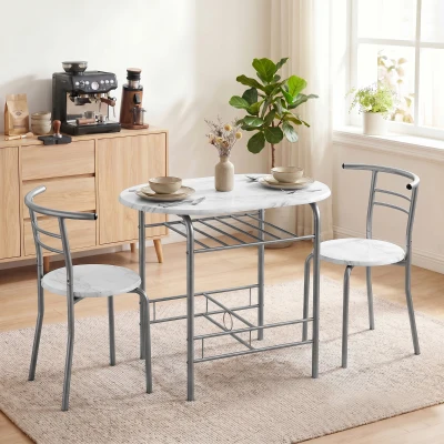 HOMCOM 3-Piece Dining Set Compact Marble Effect White