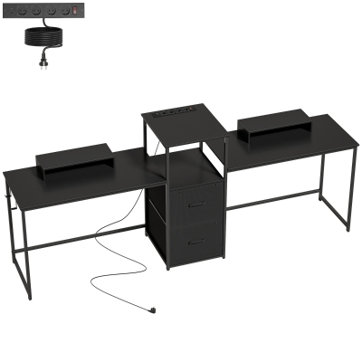 HOMCOM Mesa Gaming Doble de 244 cm con Estación de Carga Puertos USB Soportes para Monitor Cajones de Tela Negro