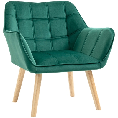 HOMCOM Butaca de Salón Moderna Tapizado en Terciopelo con Patas de Madera Sillón Relax para Sala de Estar Verde