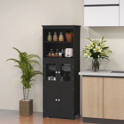 HOMCOM Armário de Cozinha com 2 Portas de Vidro Temperado 2 Prateleiras Abertas e Armário com Prateleira Ajustável 60x30x162 cm Preto