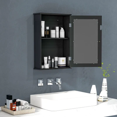 kleankin Mobiletto Bagno Armadietto Pensile con Specchio Nero