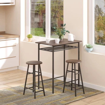 HOMCOM Bar Table Set with Stools, Storage Shelf, Black Oak
