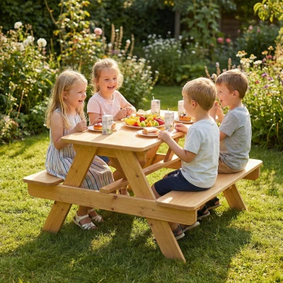 AIYAPLAY Kids Wooden Picnic Table & Bench Set Natural Wood