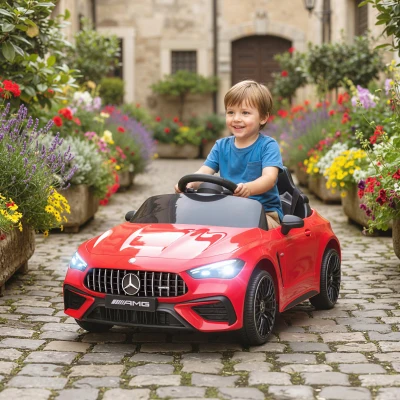 AIYAPLAY Elektrische kinderauto, Mercedes-design, 12V motoren, afstandsbediening, LED-lichten, muziek, voor 3-6 jaar, rood