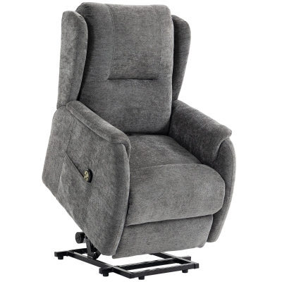 HOMCOM Elektrische relaxfauteuil met sta-op hulp voor senioren, chenille-look, met afstandsbediening en zijvakken, donkergrijs