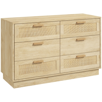 HOMCOM Commode design bohème en rotin avec 6 tiroirs, meuble de rangement pour le salon, le couloir, l'entrée, chêne
