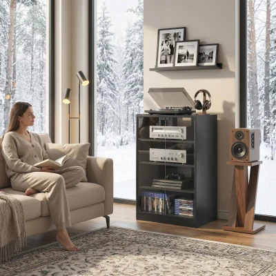 HOMCOM 4-Tier Hi-Fi Stand Adjustable Shelves Glass Doors Black