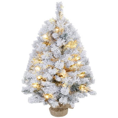 HOMCOM Kerstboom 90 cm, LED-Verlichting, Sneeuwtakken, Dennenappels, Vlamvertragend, Betonnen Voet