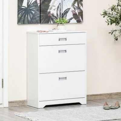 HOMCOM Slim Shoe Cabinet White with Drawer & 2 Flip-up Doors
