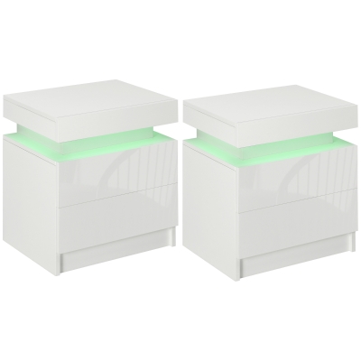 HOMCOM Bedside Table with LED Light, 2 Drawers, White