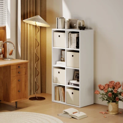HOMCOM Estante Cubo Estante de Armazenamento Horizontal ou Vertical com 8 Compartimentos e 4 Gavetas de Tecido 53,7x30x79,8 cm Branco e Bege