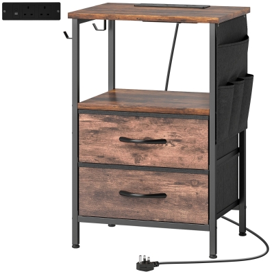 HOMCOM Bedside Table with Charging Station Rustic Brown
