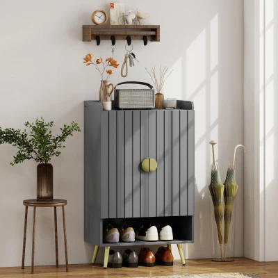 HOMCOM Modern Shoe Cabinet Grey with 2 Doors & Adjustable Shelves