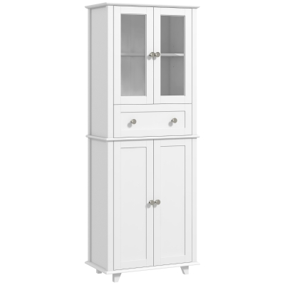 HOMCOM Armário de Cozinha Móvel Auxiliar de Cozinha com 2 Portas de Vidro Gaveta e Prateleiras Ajustáveis 61x35x168,5 cm Branco