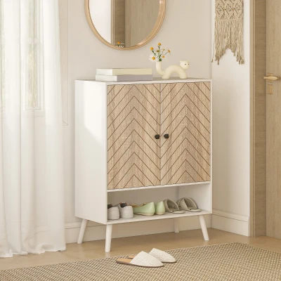 HOMCOM Sapateira com Desenho em Espiga Prateleiras Ajustáveis Compartimento Aberto para 15 Pares de Sapatos 75x35x97 cm Branco e Madeira