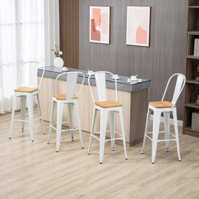 HOMCOM Conjunto de 4 Bancos Altos Empilháveis com Encosto Alto Apoio para os Pés Assento de Madeira 44x53x116 cm Branco