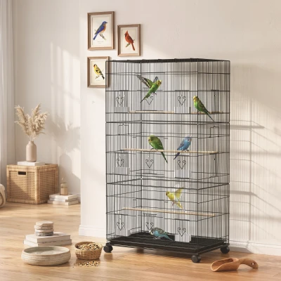 PawHut Gaiola Grande para Pássaros com Rodas, 6 Comedouros, Tabuleiro Amovível, Várias Portas, 3 Poleiros, 77x46,5x141 cm, Preta