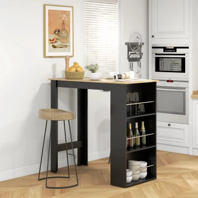HOMCOM Mesa Alta de Bar Mesa de Cocina con 3 Estantes Marco de Madera Estilo Moderno 112x57x106 cm Negro y Natural