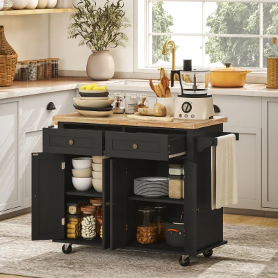 HOMCOM Ilha de Cozinha com Rodas 2 Gavetas 4 Portas Suporte para Temperos e Barra Lateral 111x44,5x82,5 cm Preto e Madeira