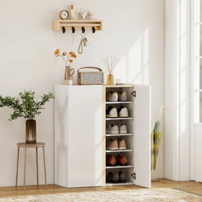 HOMCOM Sapateira de 6 Níveis com 2 Portas em Branco Brilhante com Fechamento Suave e Prateleiras Ajustáveis 70x33,5x95 cm Branco