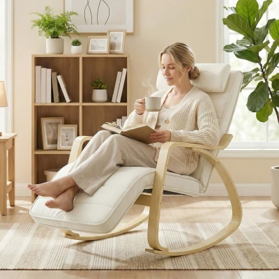 HOMCOM Schaukelstuhl mit Massage, Heizung, Kopfstütze & Fußstütze, Samtbezug, Relaxsessel, Cremeweiß