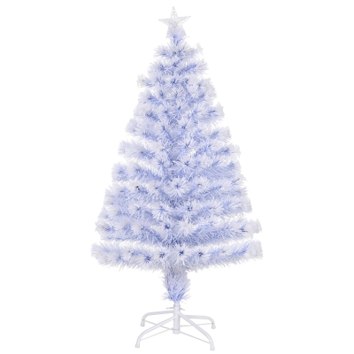 HOMCOM Künstlicher Weihnachtsbaum 120 cm Christbaum künstlich mit Glasfaser und LED-Beleuchtung, 130 Spitzen Tannenbaum inkl. Stahlständer für Drinnen Weiß+Blau