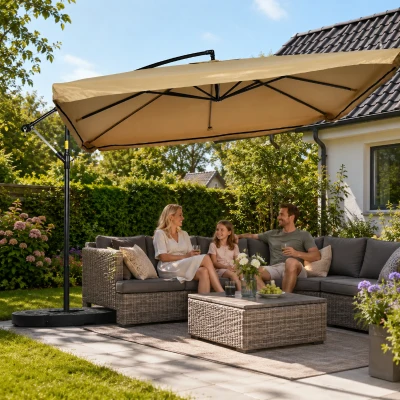 Outsunny Ampelschirm mit Moskitonetz, Inkl. Handkurbel, Lüftungsöffnung, 295 cm x 295 cm x 260 cm, Beige + Schwarz