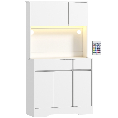 HOMCOM Armário de Cozinha com Luz LED RGB, Bancada para Micro-ondas, 6 Portas, 2 Gavetas, Prateleiras Ajustáveis e Comando à Distância, Branco