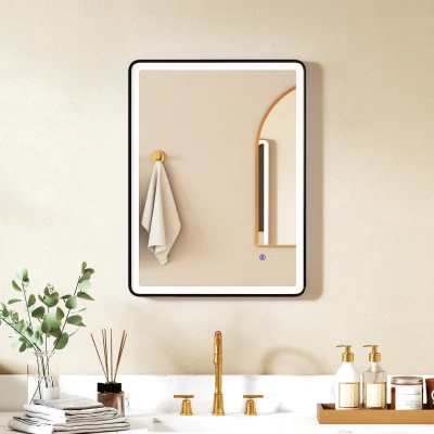 HOMCOM LED-Badezimmerspiegel Anti-Beschlag Dimmbare Schminkspiegel mit Beleuchtung 80 x 60 cm Schwarzer Rahmen