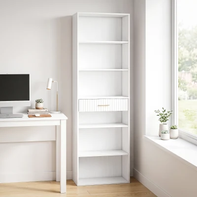 HOMCOM Bibliothèque Moderne 7 Niveaux 60x24x182cm Blanc Tiroir