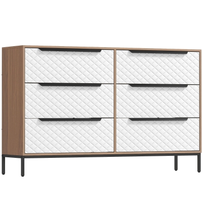 HOMCOM Cómoda com 6 Gavetas de Tecido Frentes com Padrão de Diamante Móvel de Arrumação 117,5x30x73,5 cm Madeira e Branco