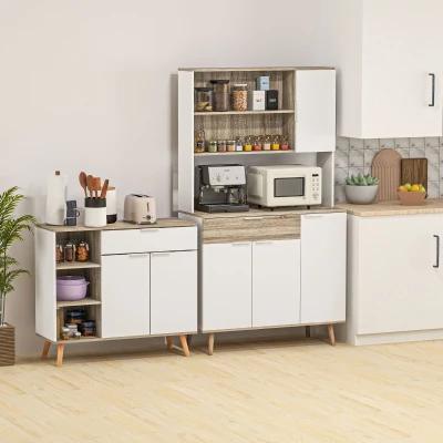HOMCOM Armário de Cozinha Alto com 4 Portas, Prateleiras Ajustáveis, Gaveta e Compartimentos Abertos, 98x39x180 cm, Branco e Natural