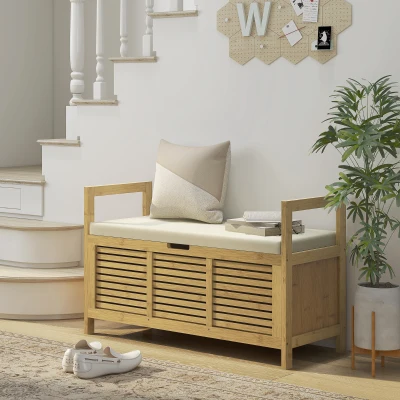 HOMCOM Schoenenrek met opbergruimte, Schoenenbank, zachte zitting, Bamboe, 100x40x60 cm