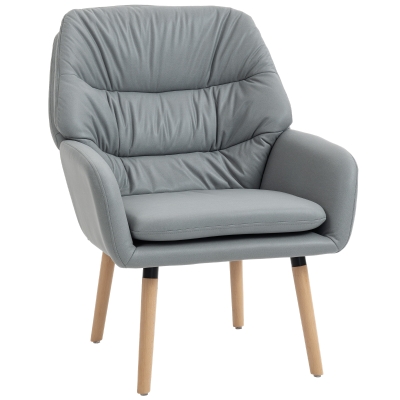 HOMCOM Poltrona de Sala de Estar Moderna Acolchoada de Dupla Camada Estofada em Couro Sintético Pés de Madeira 68x74x89 cm Cinza