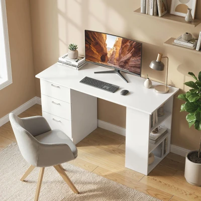 HOMCOM Computer Desk with 3 Shelves & Drawers, White