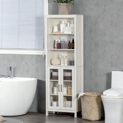 kleankin Armário Alto de Casa de Banho com 2 Portas de Vidro e 3 Prateleiras Armário Auxiliar Estilo Moderno 53x30x162cm Branco
