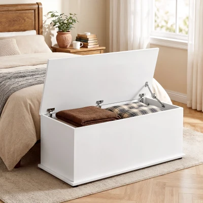 HOMCOM Baú de Armazenamento, Banco de Armazenamento com Dobradiça de Segurança, Estilo Moderno, para Entrada, Quarto, Sala de Estar, 100x40x40 cm, Branco