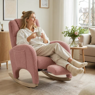 Schommelstoel relaxfauteuil, ergonomische hoofdsteun en inklapbare voetensteun, 66x125x101 cm, Roze