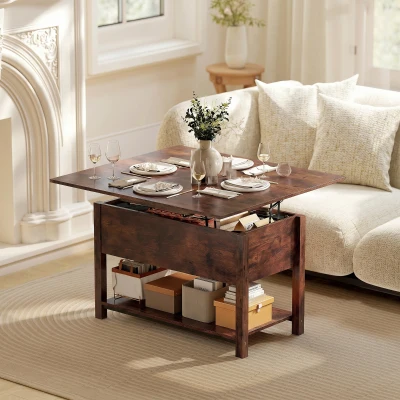 HOMCOM Table Basse Relevable Brun Rustique avec Rangement 100cm