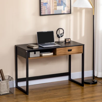 HOMCOM Schreibtisch im Industrie-Design, 1 Schublade, 1 Fach, 110 cm x 50 cm x 76 cm. Braun + Schwarz
