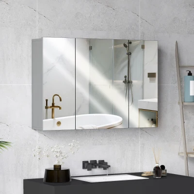 kleankin Armoire Murale Salle de Bain 3 Portes Miroir Gris 90x15x60 cm