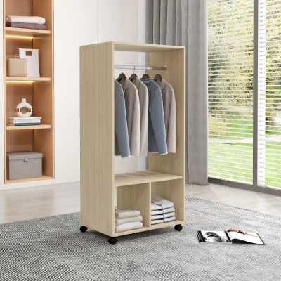 HOMCOM Wardrobe Natural Wood with Shelf & Swivel Casters