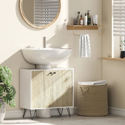 kleankin Móvel para Lavatório Pousar de Madeira com 2 Portas Prateleira e Pés de Aço 60x30x60cm Carvalho e Branco