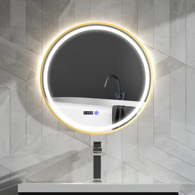 HOMCOM Runder Badezimmerspiegel mit LED-Lichtern, Badspiegel mit Anti-Beschlag-Funktion, Touch-Bedienung, Display