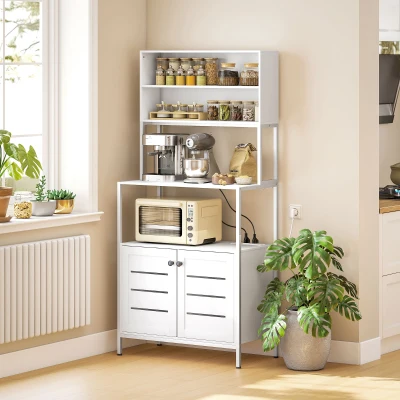 HOMCOM Armário de Cozinha com Tomada de Corrente Suporte para Micro-Ondas 2 Entradas USB e Compartimentos 80x42x171 cm Branco